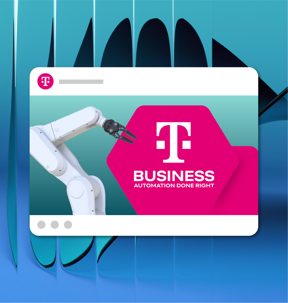 Mockup eines T Business social Beitrags mit T Logo und shapes